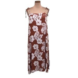 Roxy Midi Dress Size XL Burnt Umber Brown Tropical Palm Leaf Frond